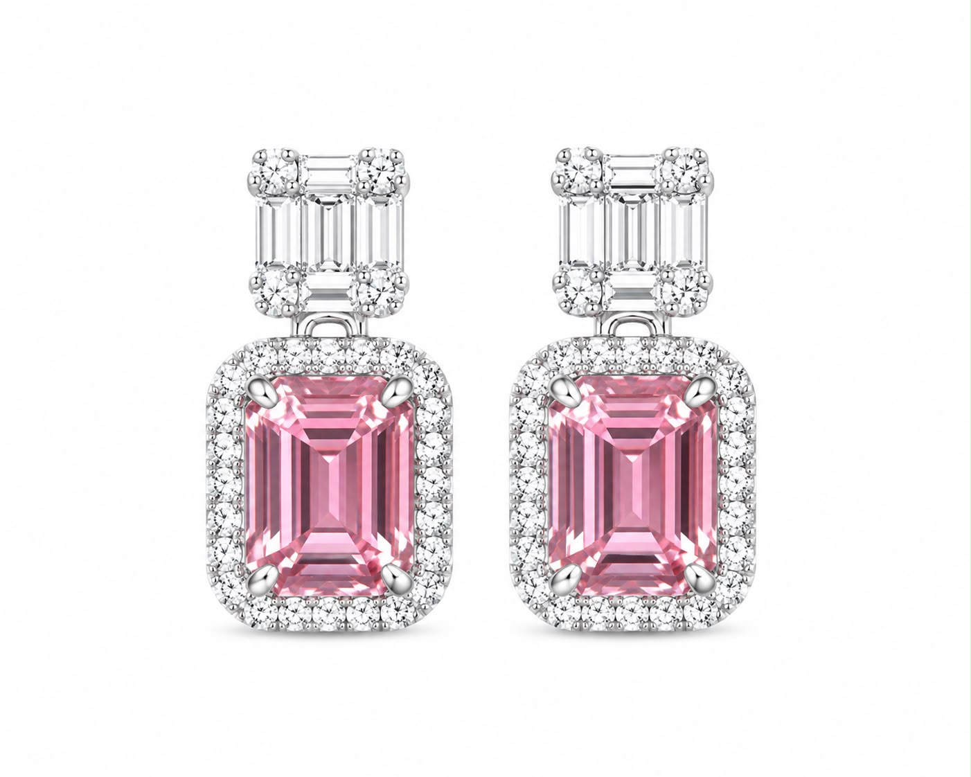 Baguette & Emerald Cut Halo Earring - KE192048
