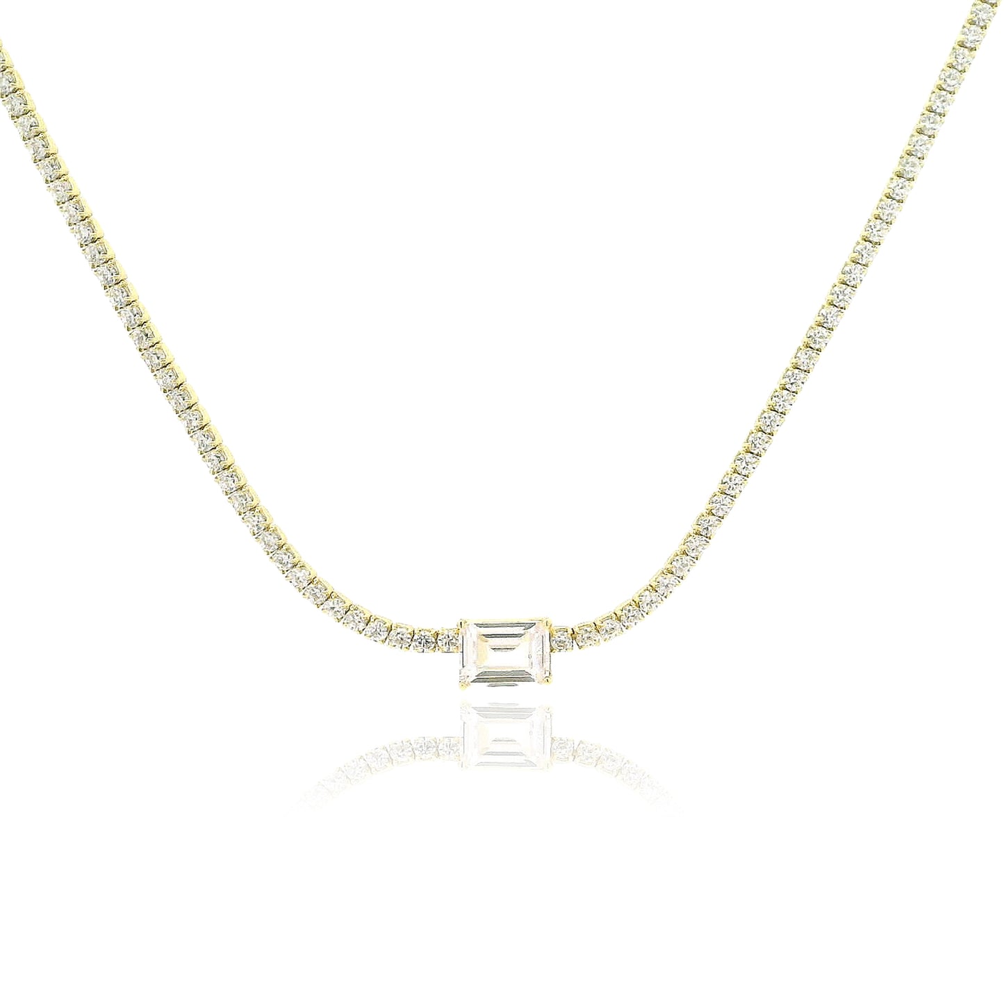 Emerald Cut Centered Micro Pave Tennis Necklace 14+4" - KN22306