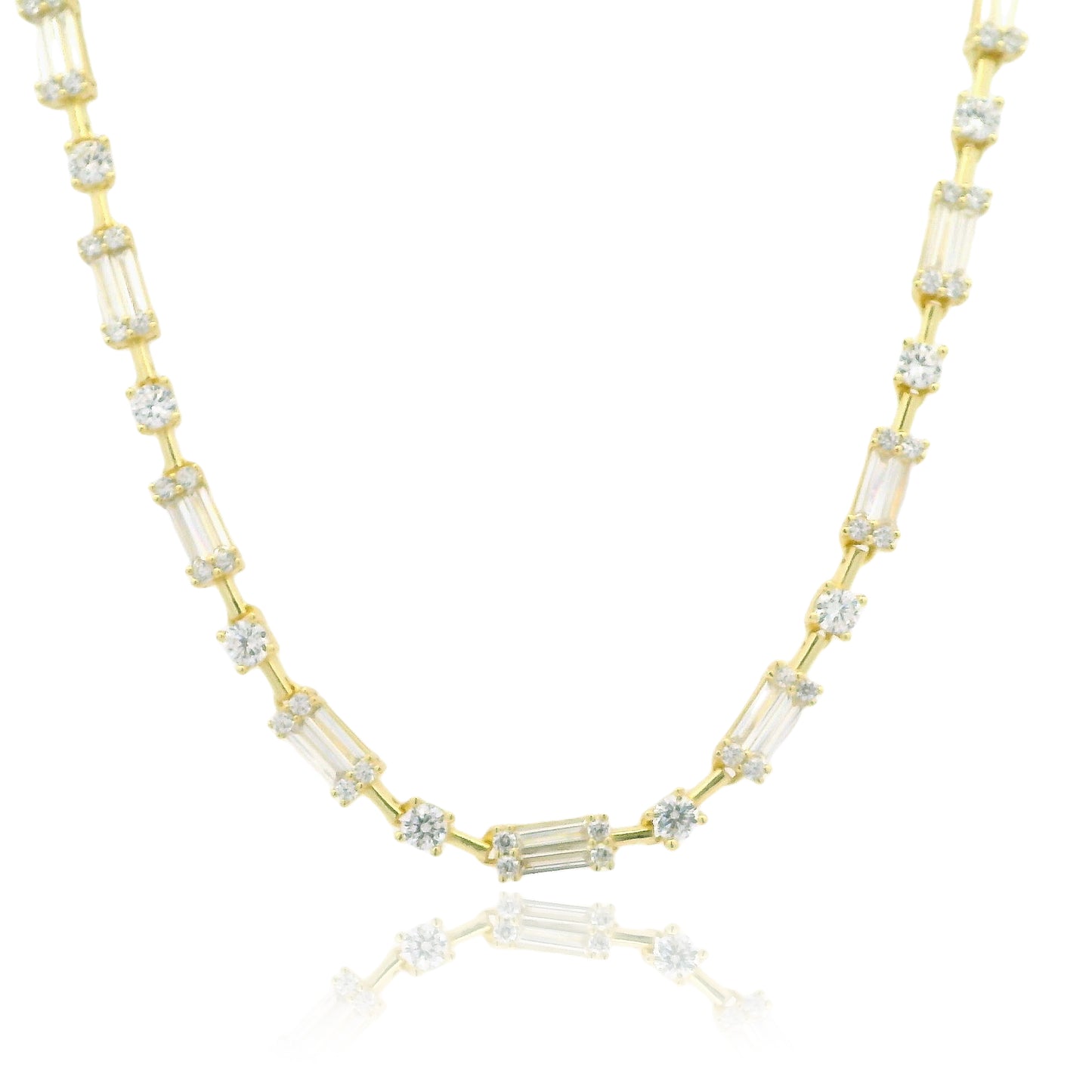 Modern Radiance: Baguette and Round CZ Silver Necklace 16" - KN22368