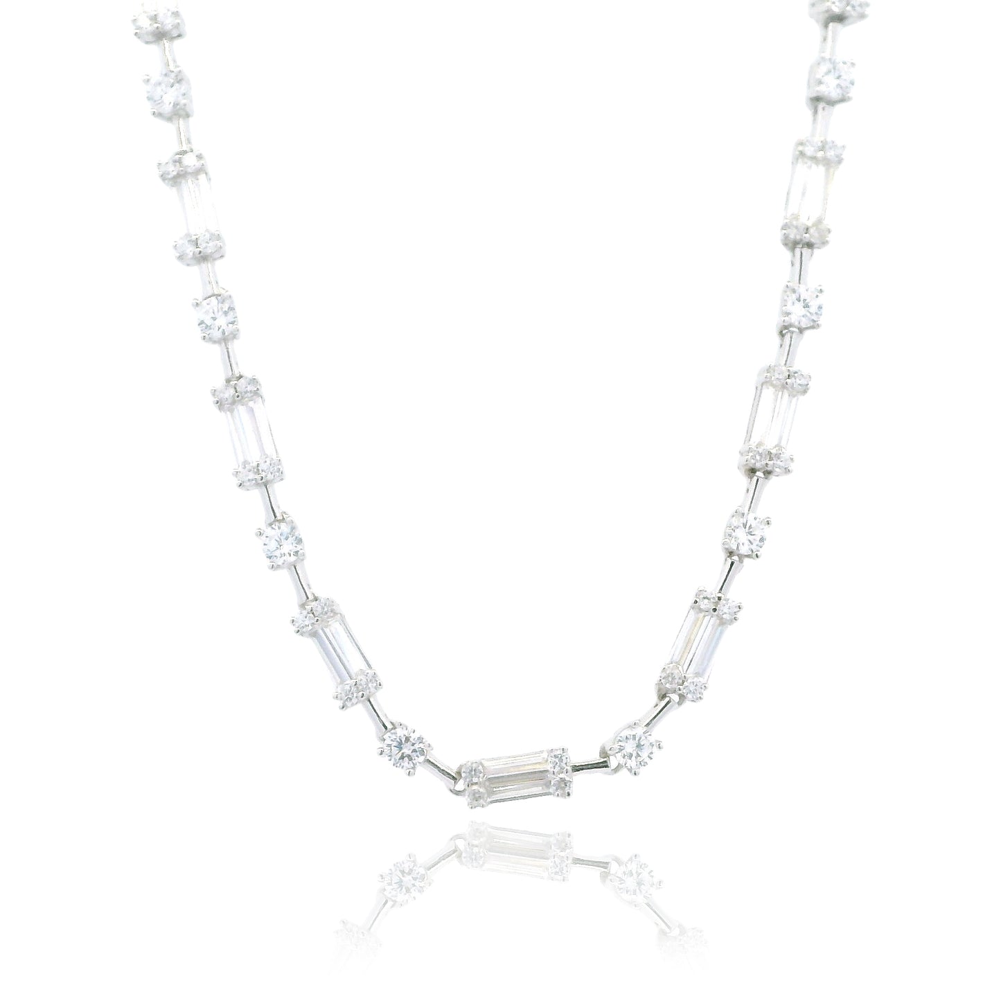 Modern Radiance: Baguette and Round CZ Silver Necklace 16" - KN22368