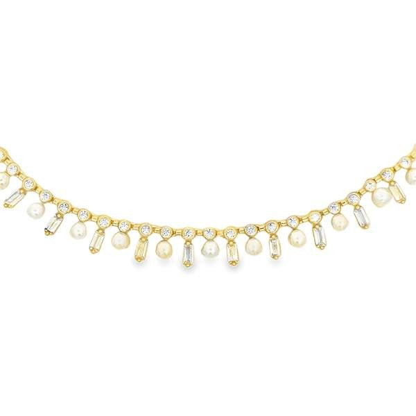 Baguette and Pearl Bezel Choker 15+3" - KN22404