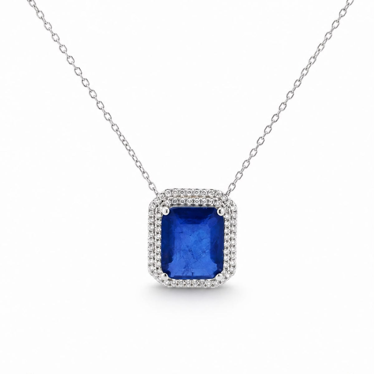 Double Halo Elegant Emerald Cut Necklace 15+3" - PGN22336