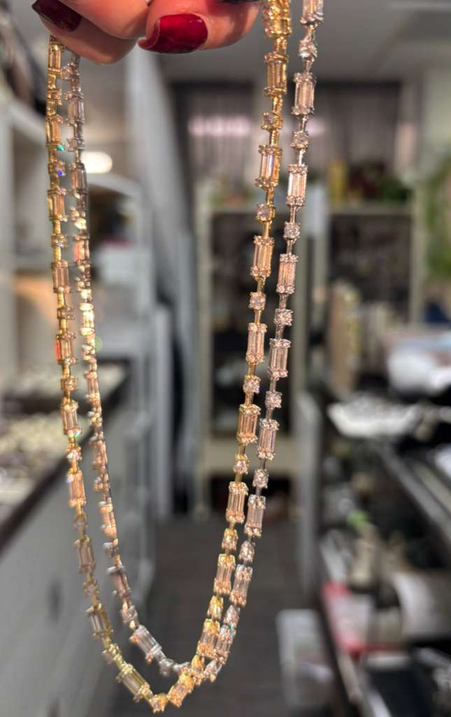 Modern Radiance: Baguette and Round CZ Silver Necklace 16" - KN22368