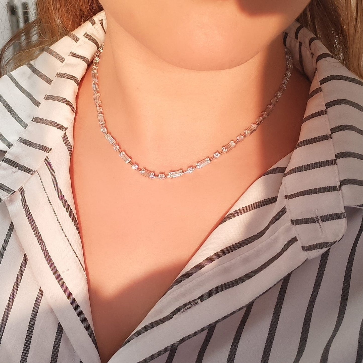 Modern Radiance: Baguette and Round CZ Silver Necklace 16" - KN22368