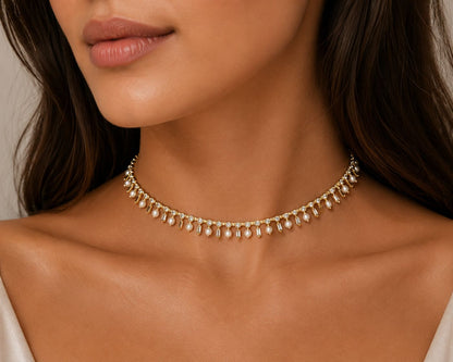 Baguette and Pearl Bezel Choker 15+3" - KN22404