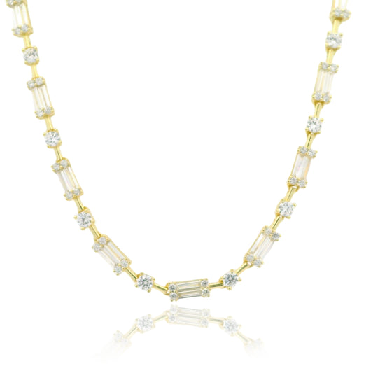 Modern Radiance: Baguette and Round CZ Silver Necklace 16" - KN22368