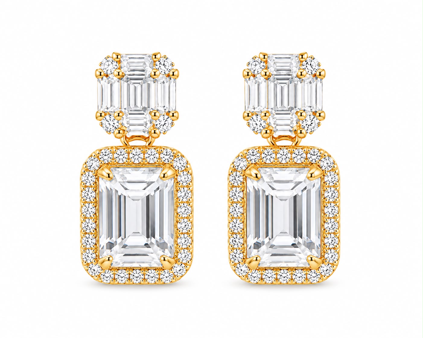Baguette & Emerald Cut Halo Earring - KE192048