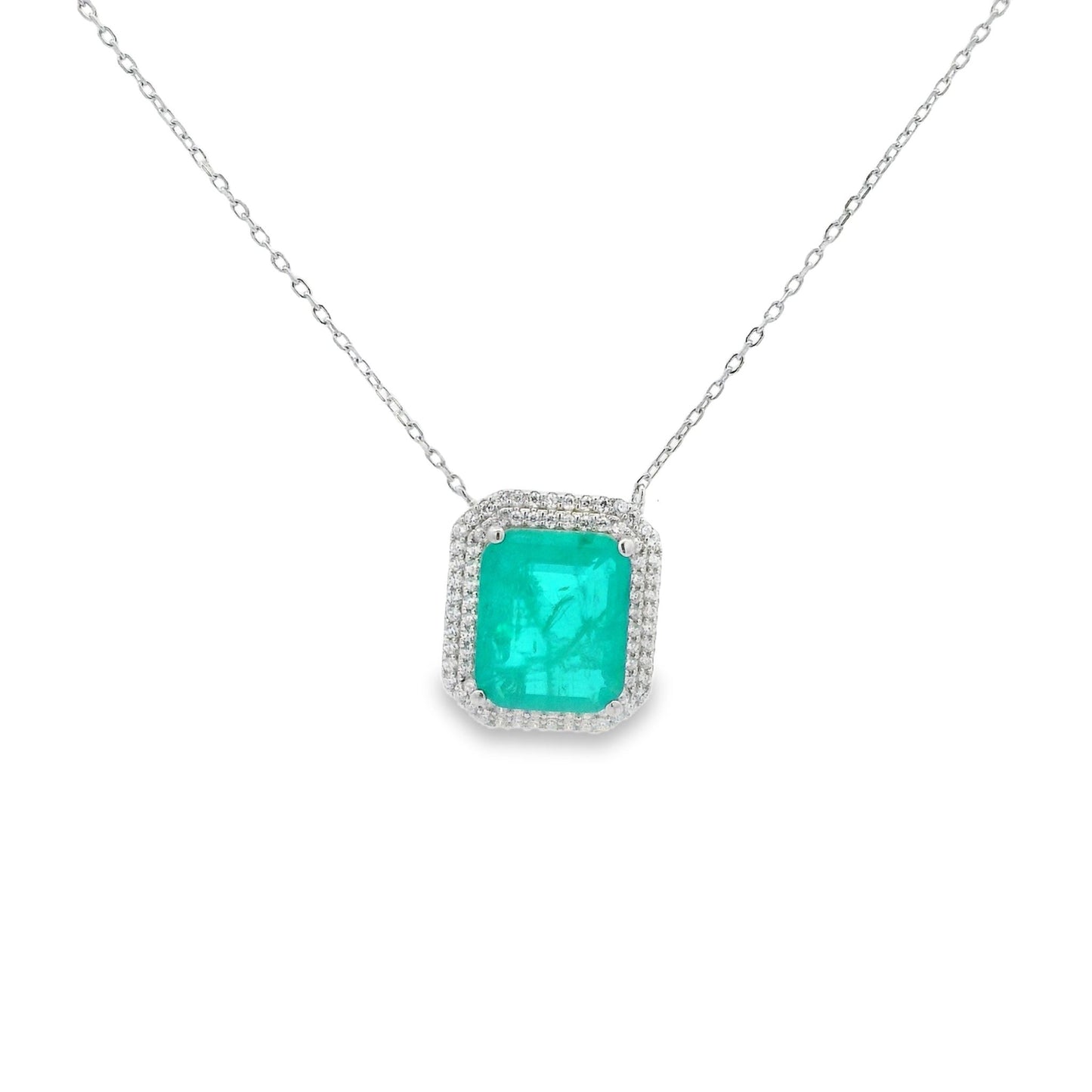Double Halo Elegant Emerald Cut Necklace 15+3" - PGN22336