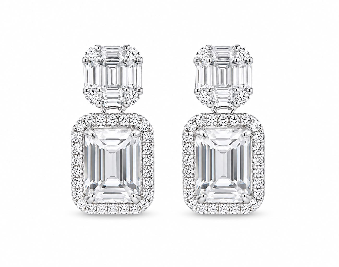 Baguette & Emerald Cut Halo Earring - KE192048