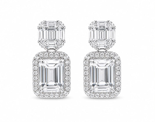 Baguette & Emerald Cut Halo Earring - KE192048