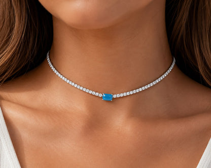 Emerald Cut Centered Micro Pave Tennis Necklace 14+4" - KN22306