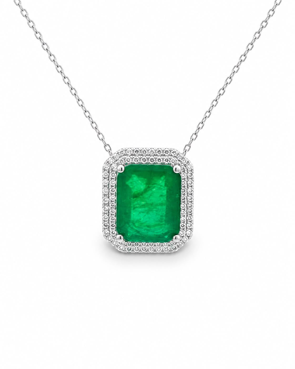 Double Halo Elegant Emerald Cut Necklace 15+3" - PGN22336